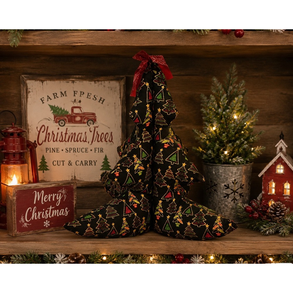 Handmade Vintage Plush Christmas Tree Fabric Tabletop‎ Decor Black Gold Red 17in